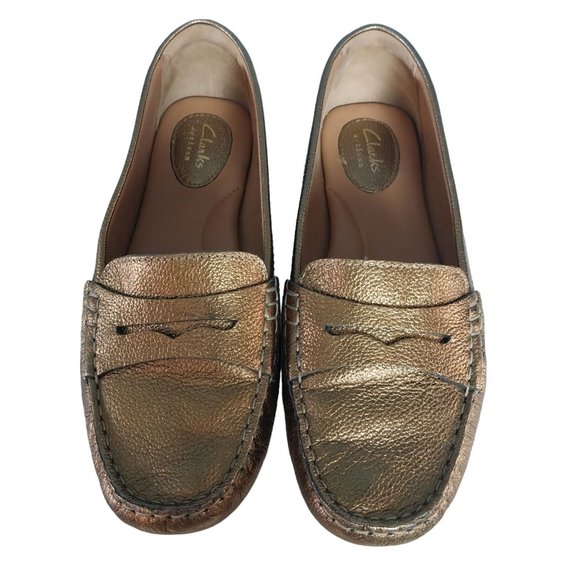 Clark's Artisan Doraville Nest Gold Leather Slip-On Loafers Shoes Women's Sz 7 W - Picture 2 of 9